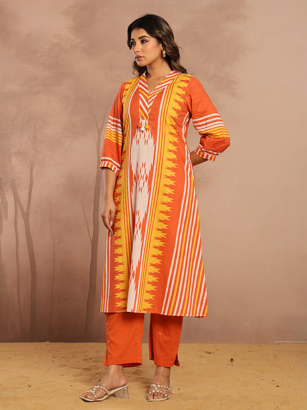Orange silk printed kurti set for casual festive wear