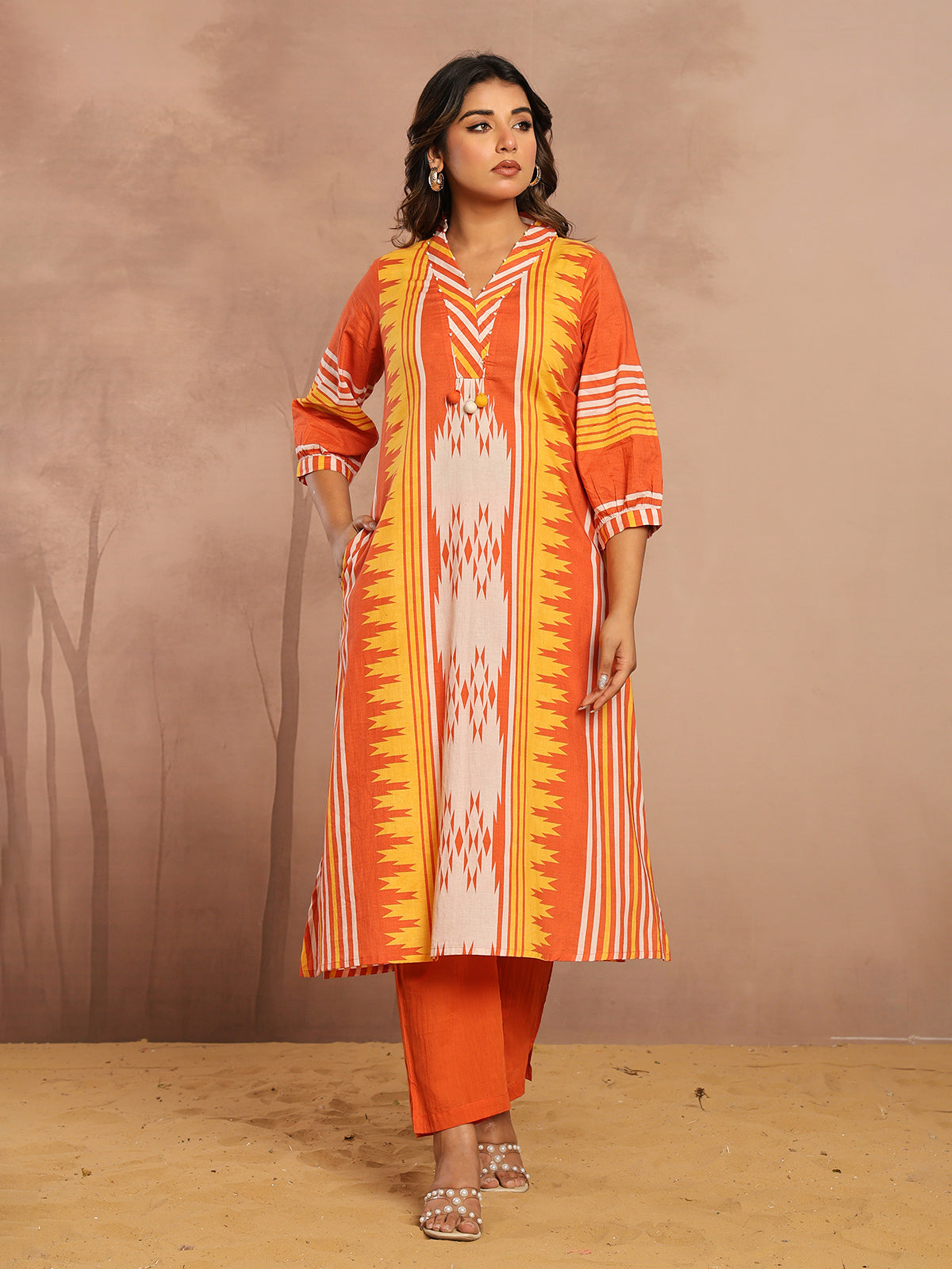 Orange silk printed kurti set for casual festive wear