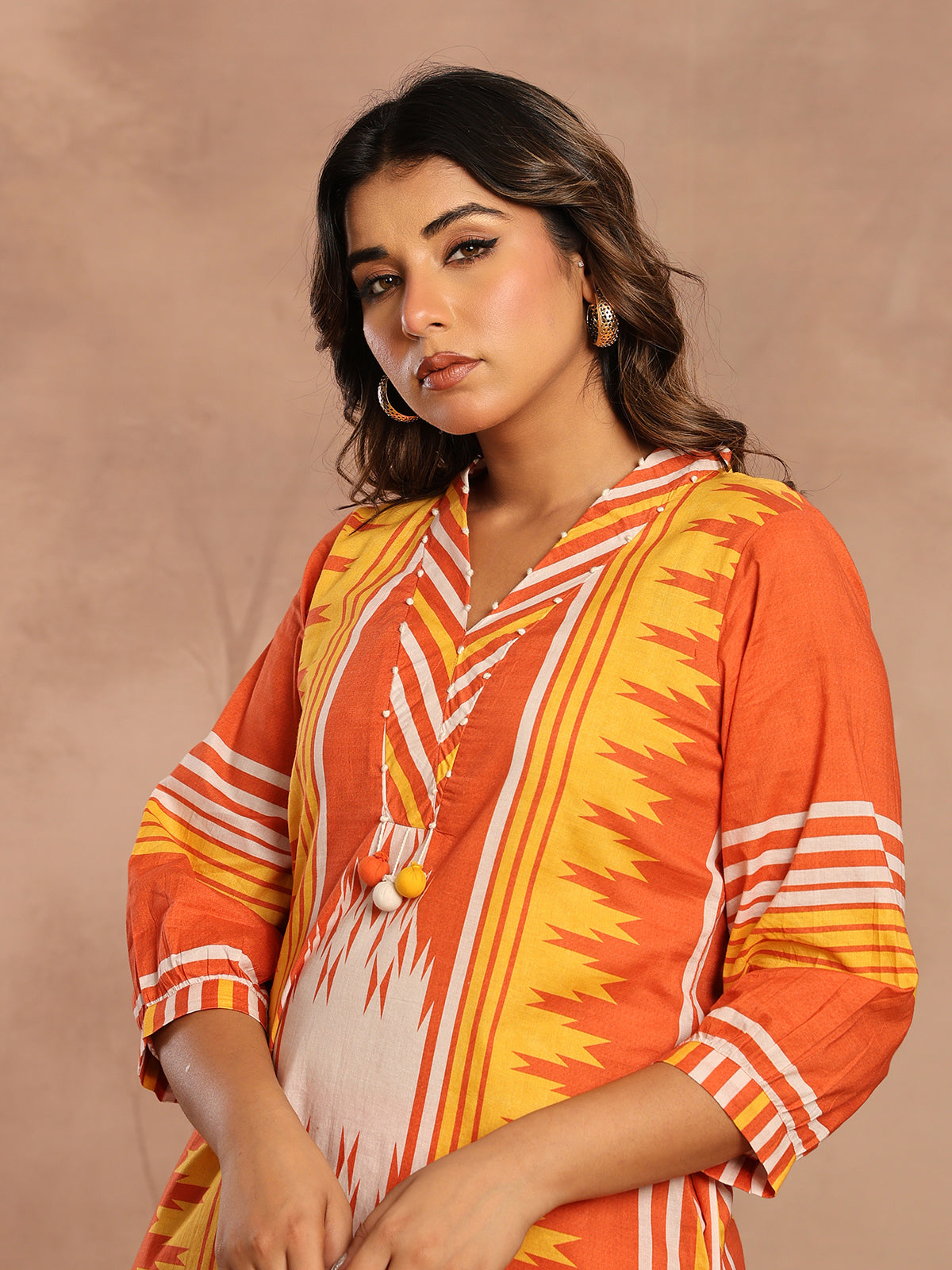 Orange silk printed kurti set for casual festive wear