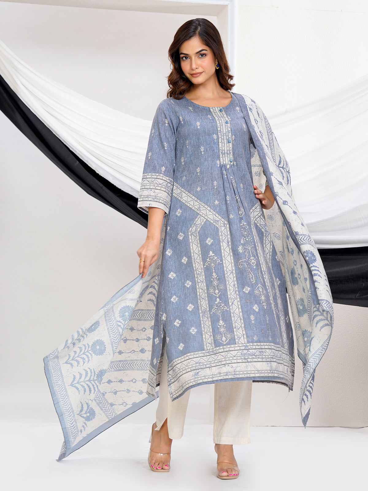 Stone grey linen printed kurti set with dupatta design