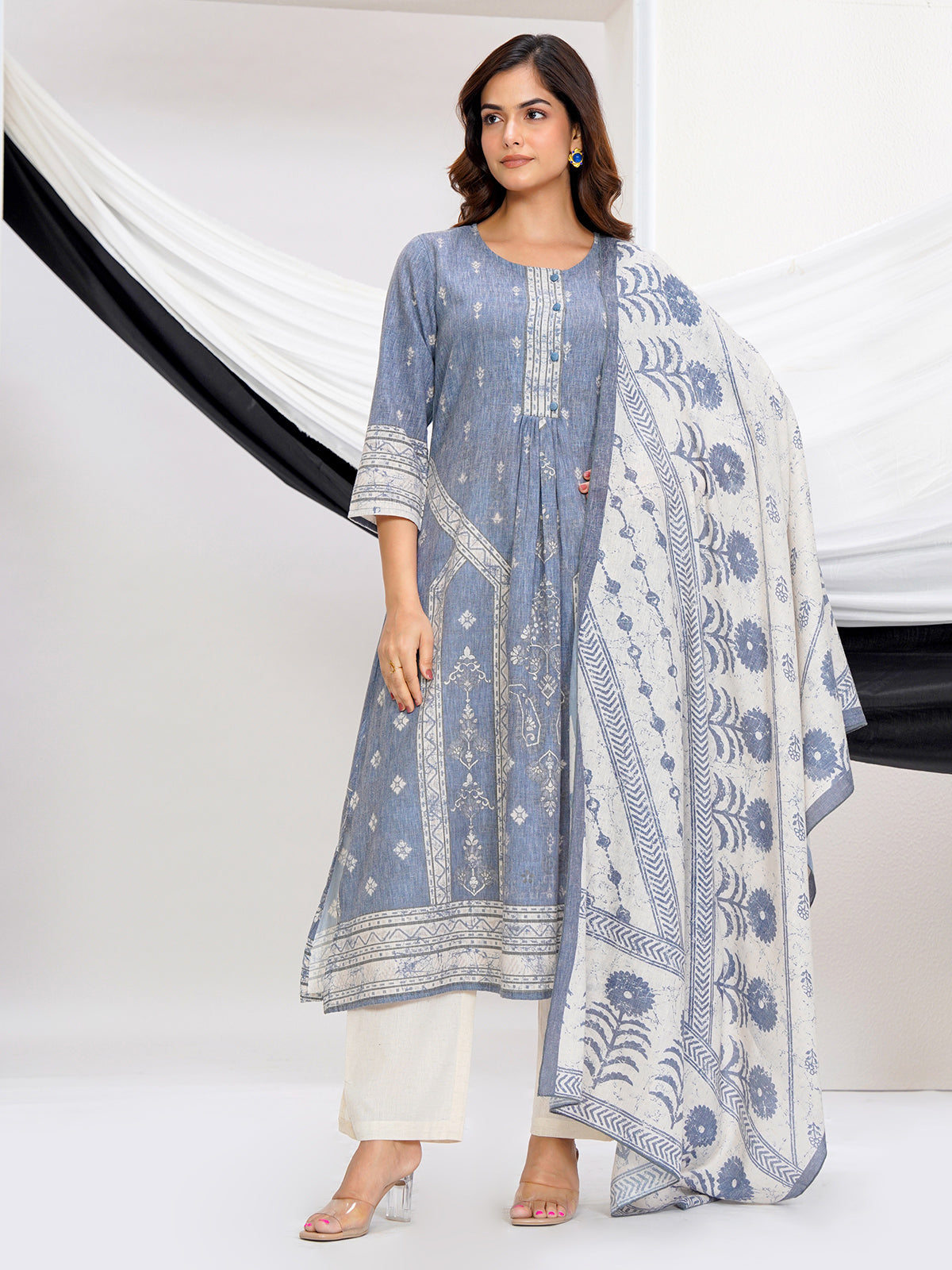 Stone grey linen printed kurti set with dupatta design