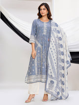 Stone grey linen printed kurti set with dupatta design