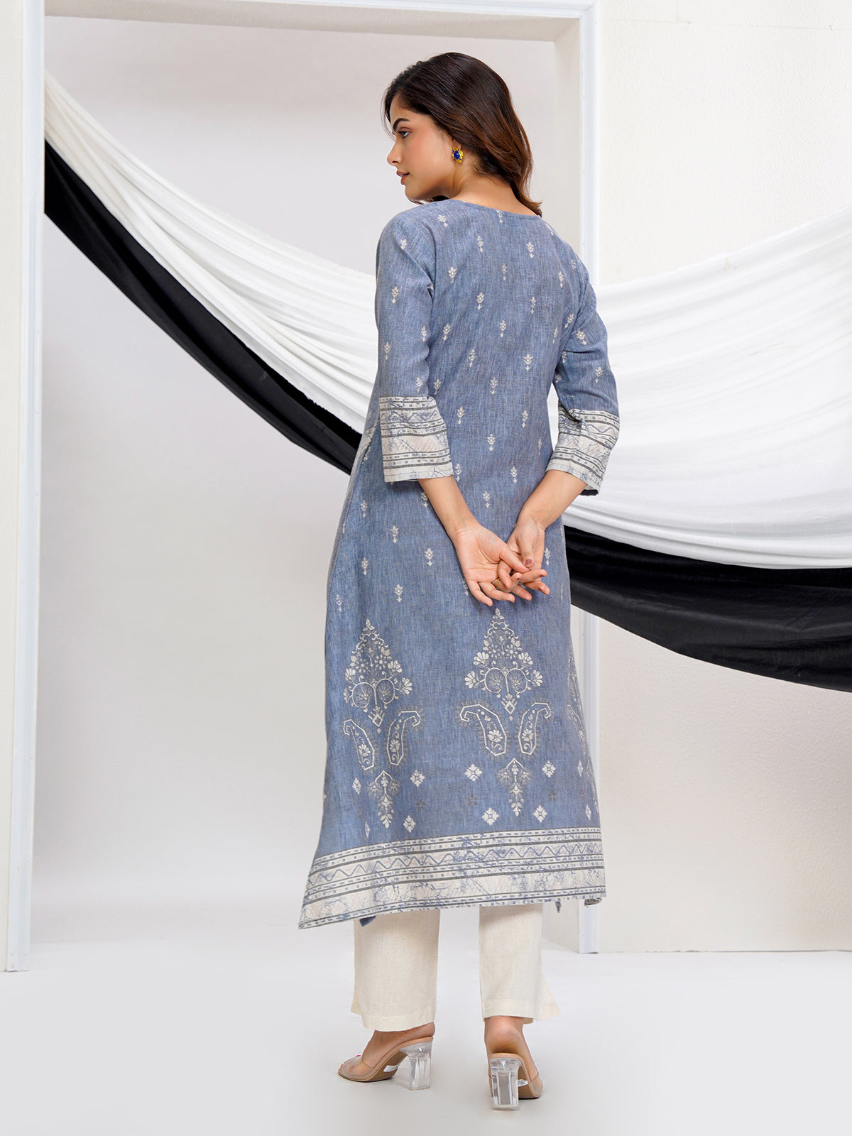 Stone grey linen printed kurti set with dupatta design