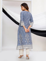Stone grey linen printed kurti set with dupatta design
