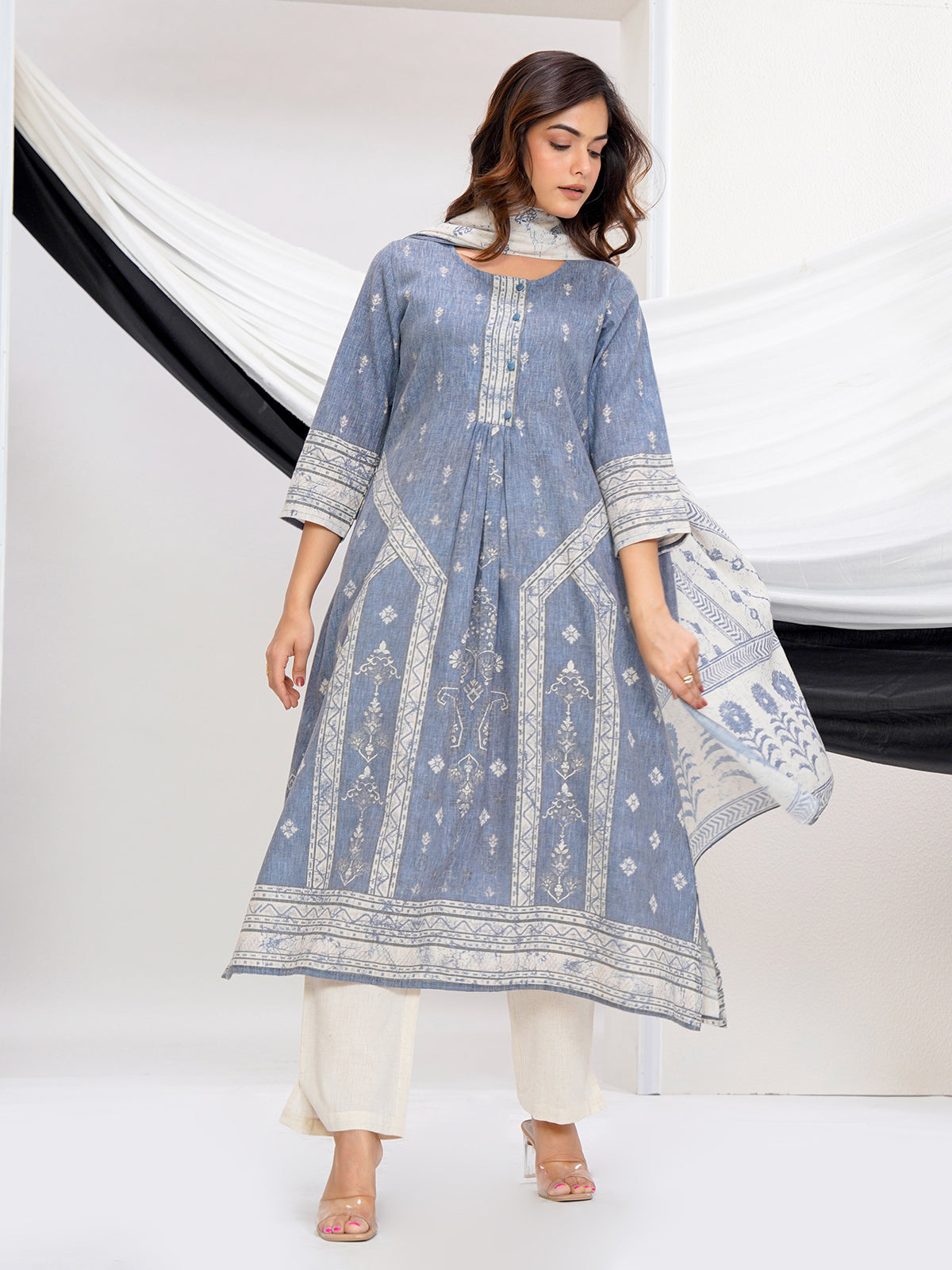 Stone grey linen printed kurti set with dupatta design