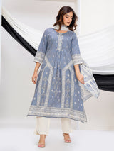 Stone grey linen printed kurti set with dupatta design
