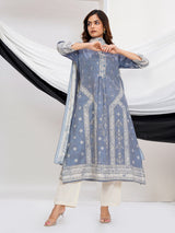Stone grey linen printed kurti set with dupatta design