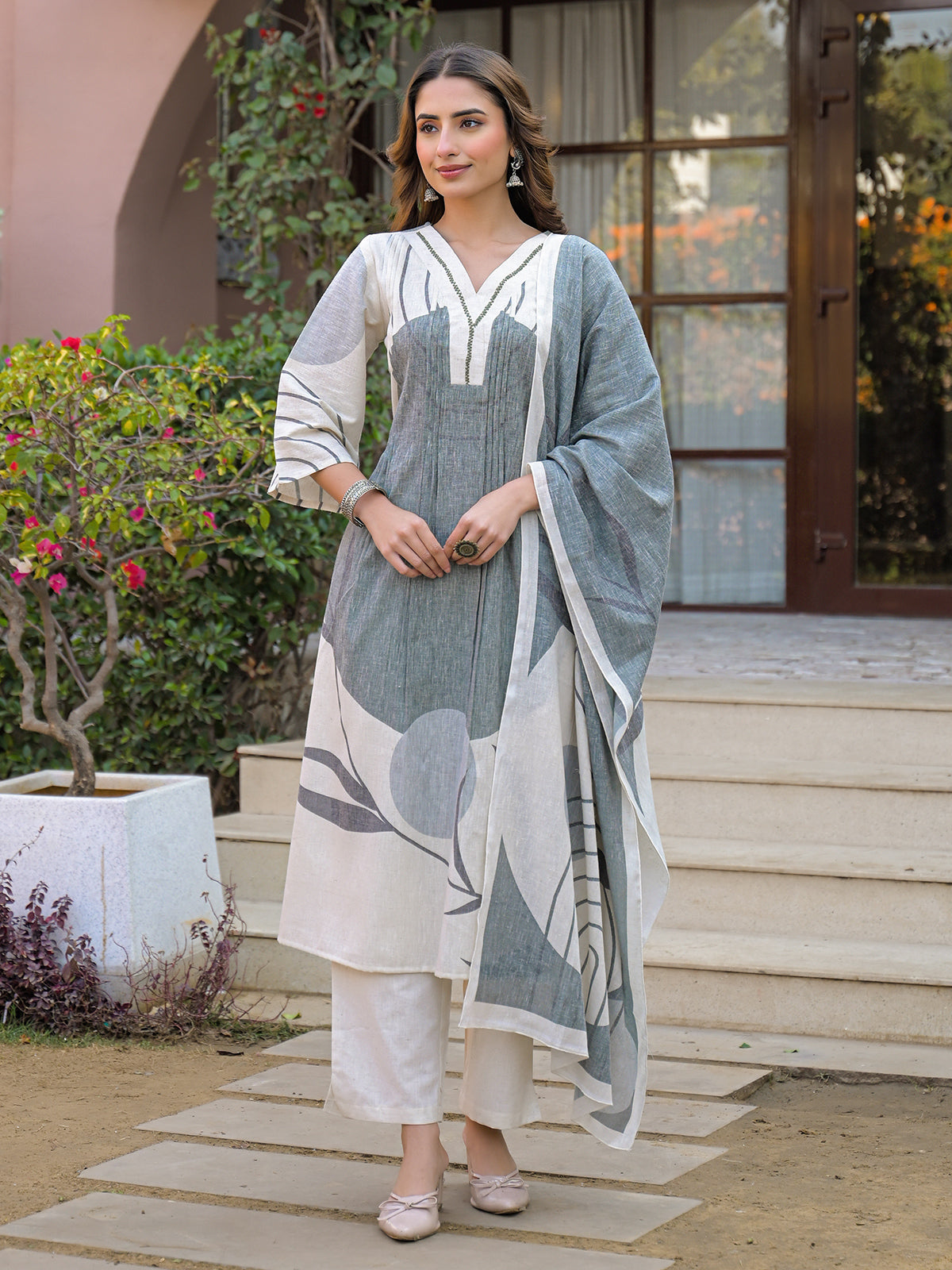 Off white grey linen printed kurti set with dupatta