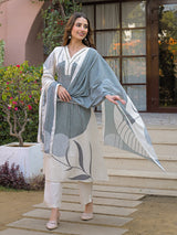 Off white grey linen printed kurti set with dupatta