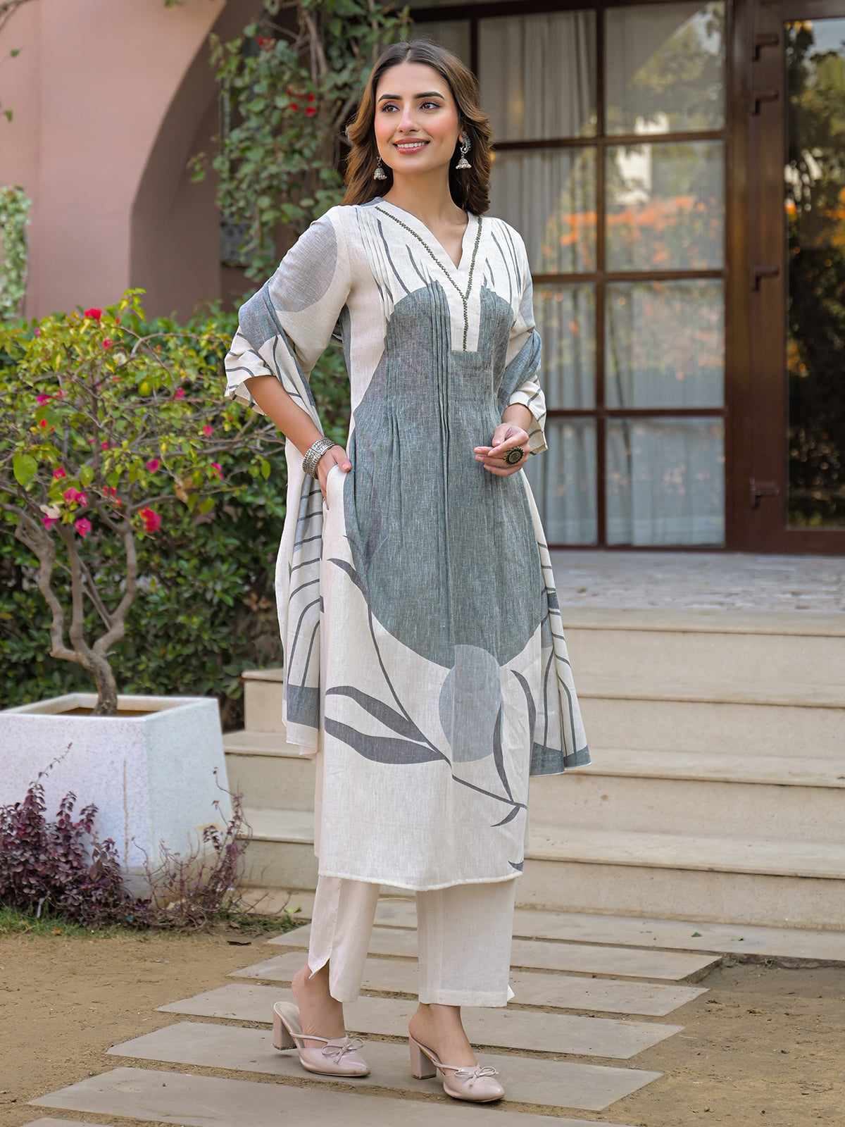 Off white grey linen printed kurti set with dupatta
