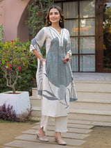 Off white grey linen printed kurti set with dupatta