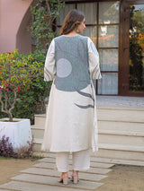 Off white grey linen printed kurti set with dupatta