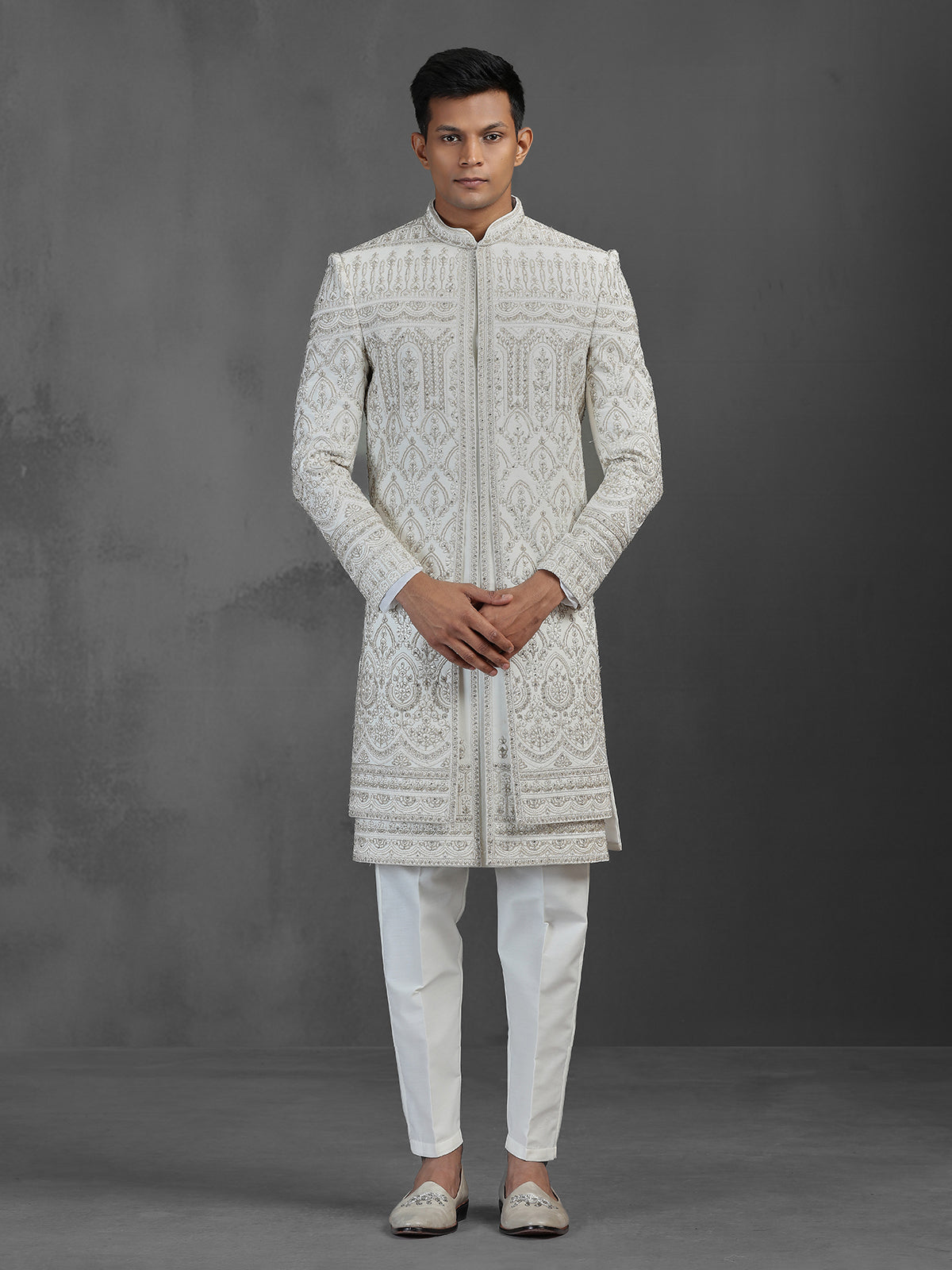 Cream silk embroidered sherwani for groom