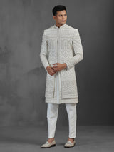 Cream silk embroidered sherwani for groom