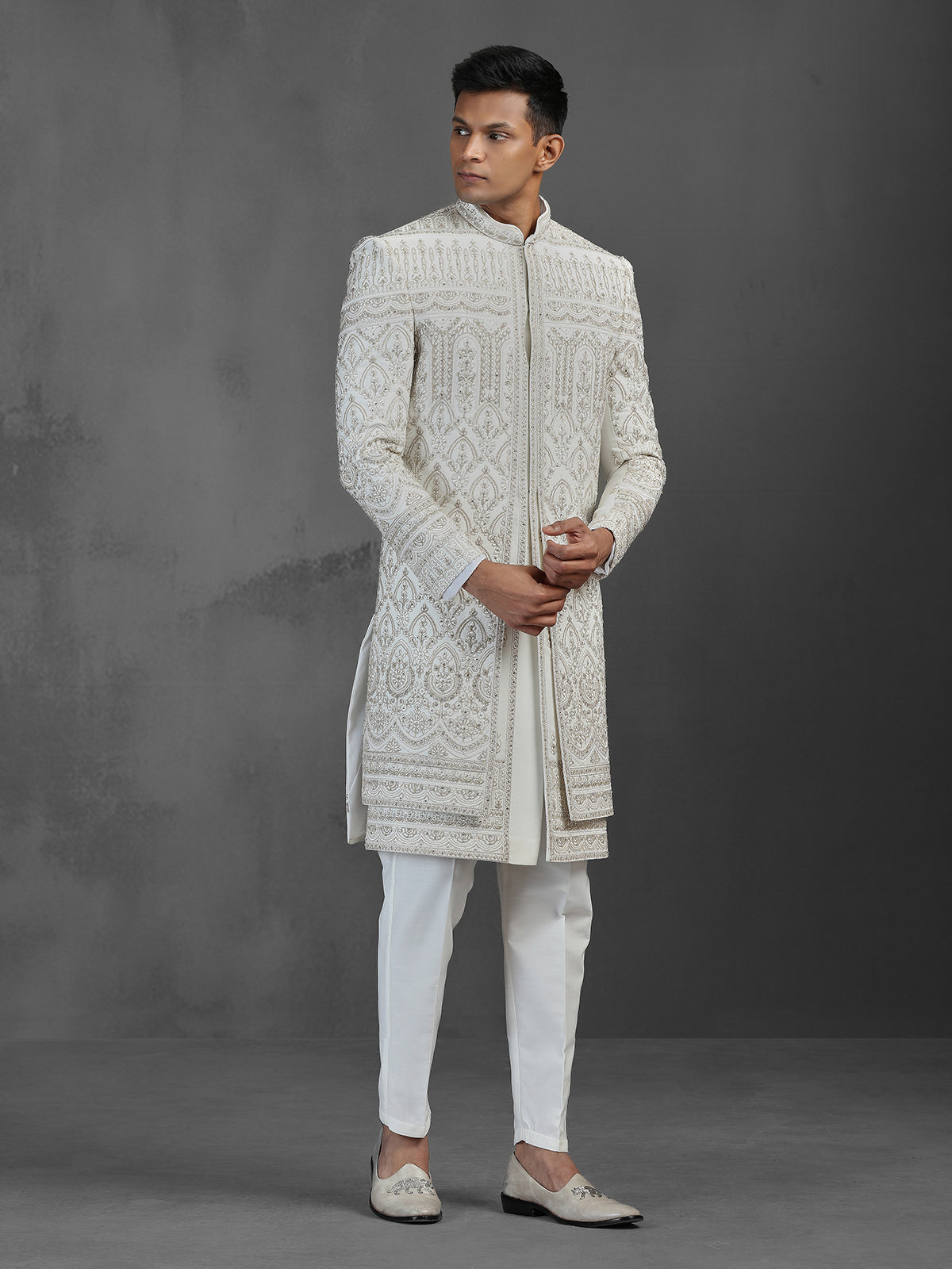 Cream silk embroidered sherwani for groom