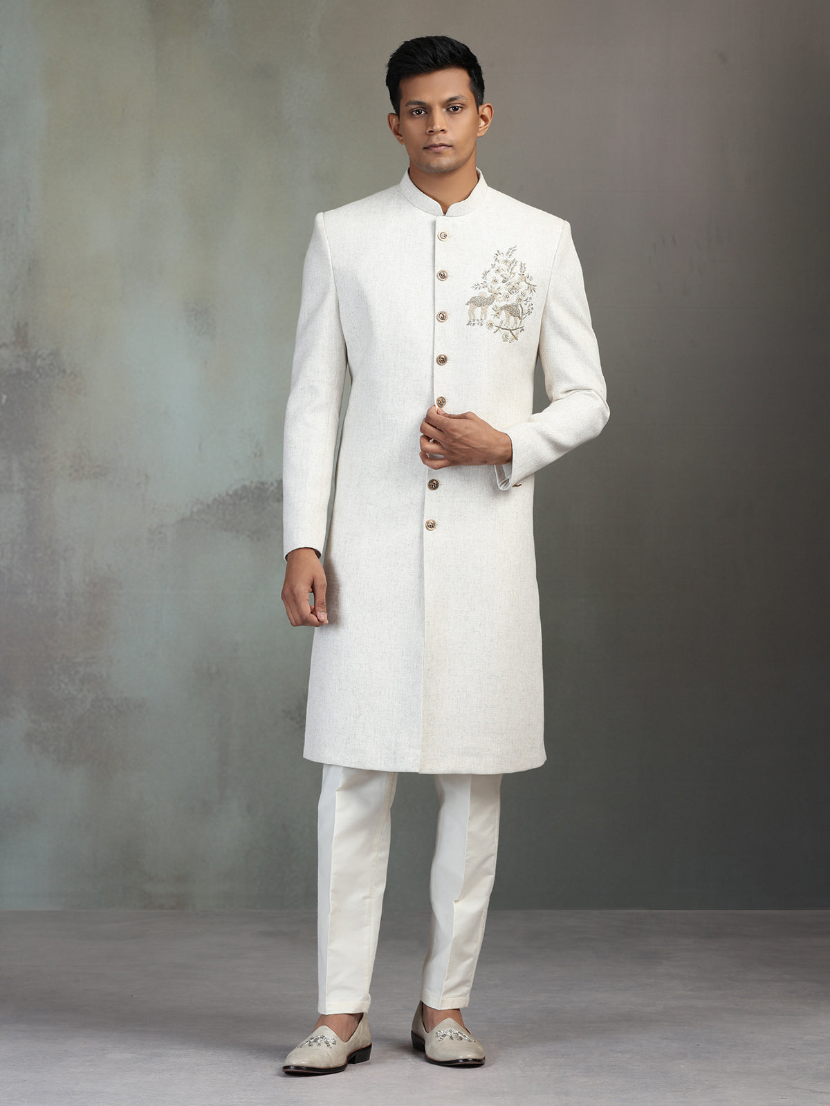 Cream silk wedding wear sherwani for men