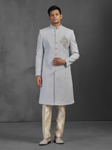 Grey silk sherwani for reception and wedding wear