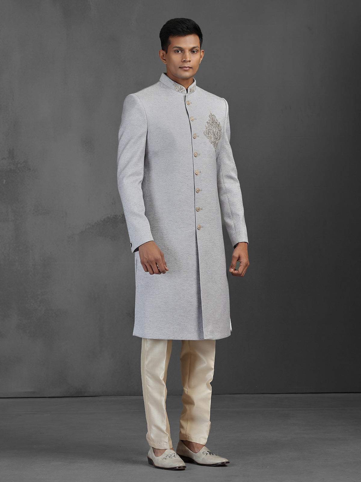 Grey silk sherwani for reception and wedding wear