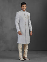 Grey silk sherwani for reception and wedding wear