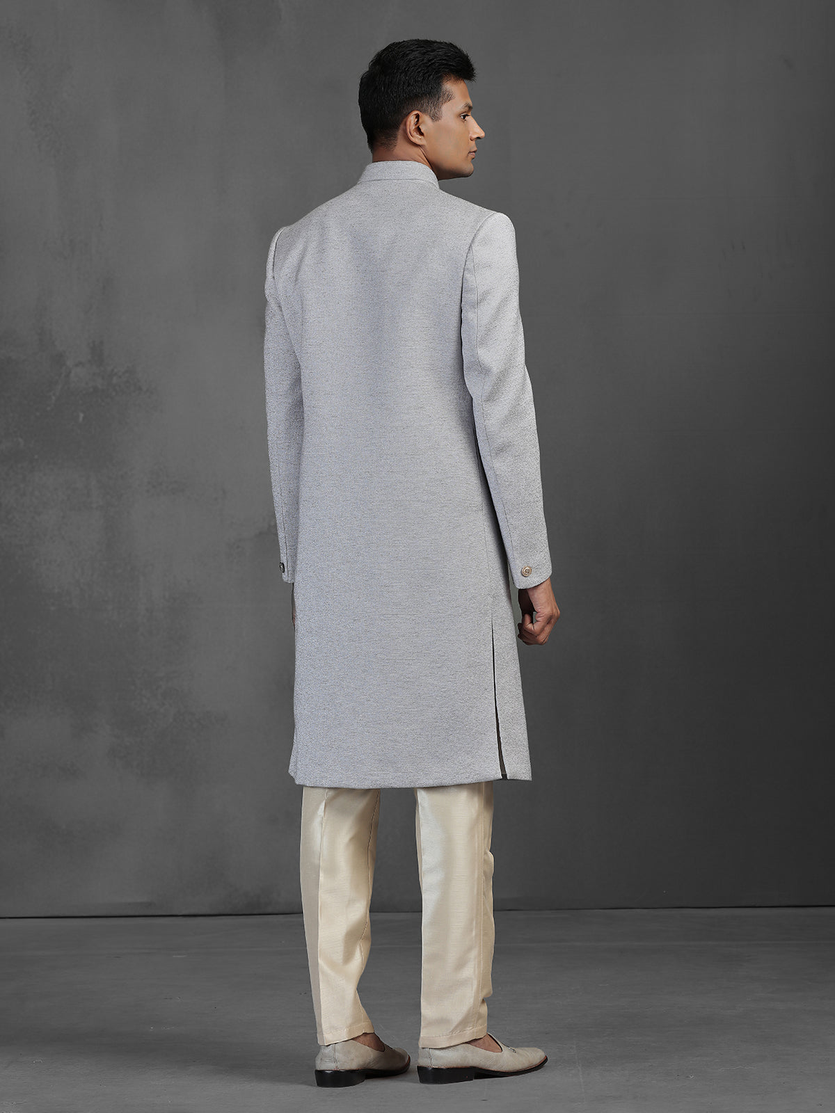 Grey silk sherwani for reception and wedding wear