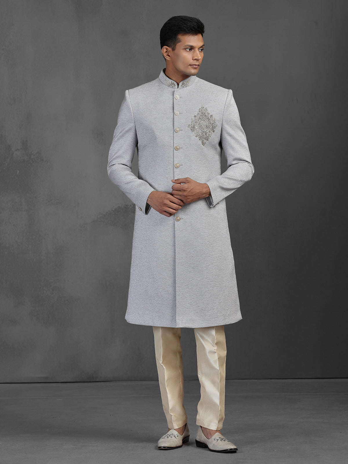 Grey silk sherwani for reception and wedding wear