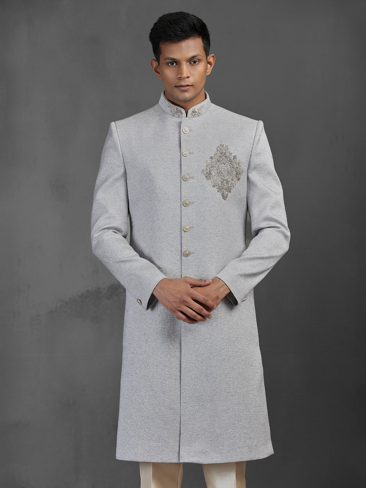 Grey silk sherwani for reception and wedding wear