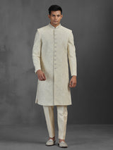 Cream silk wedding sherwani with embroidery