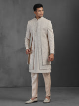 Gold silk layered sherwani for men