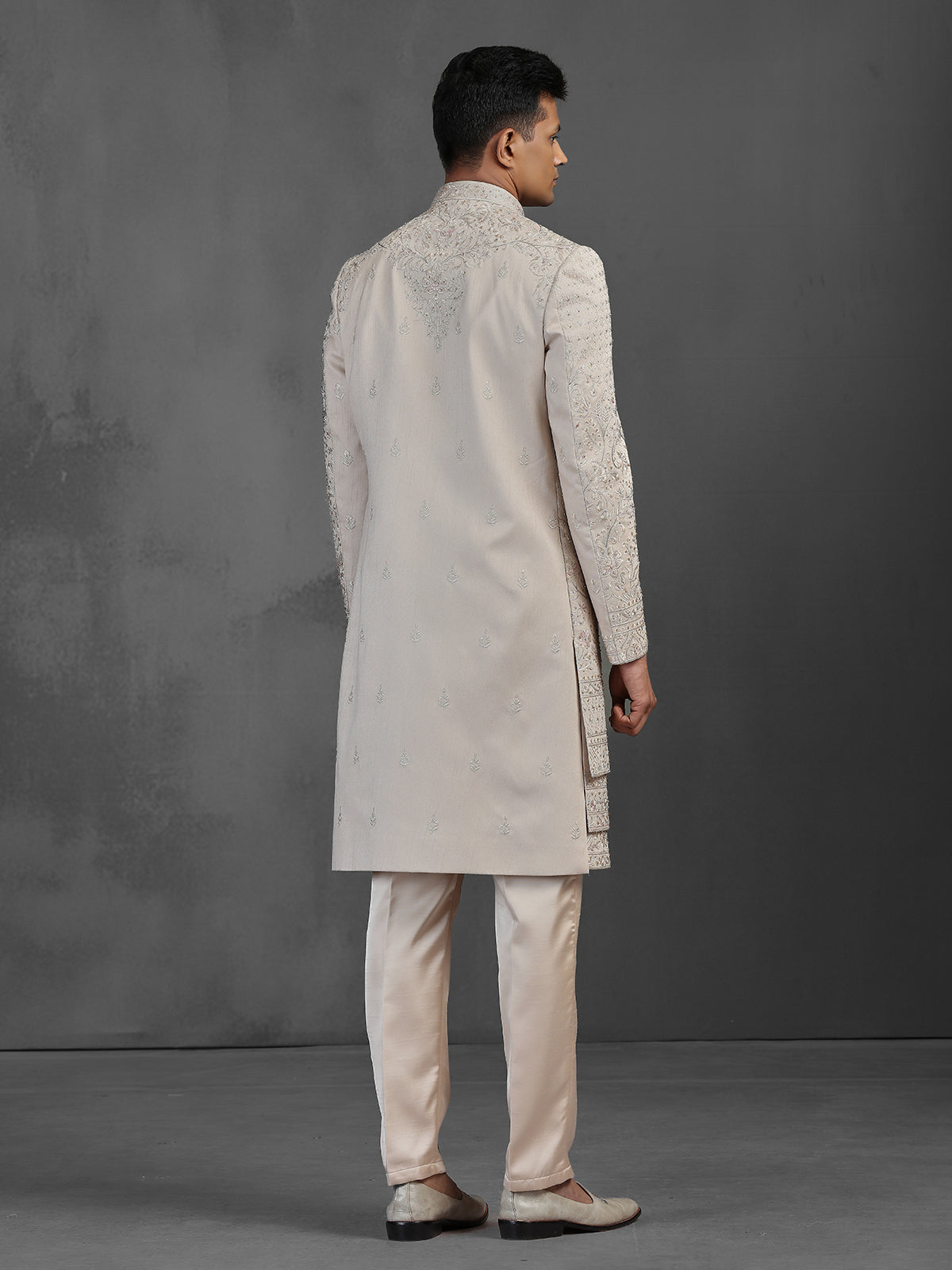 Gold silk layered sherwani for men