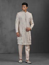 Gold silk layered sherwani for men