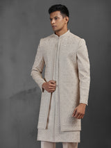 Gold silk layered sherwani for men