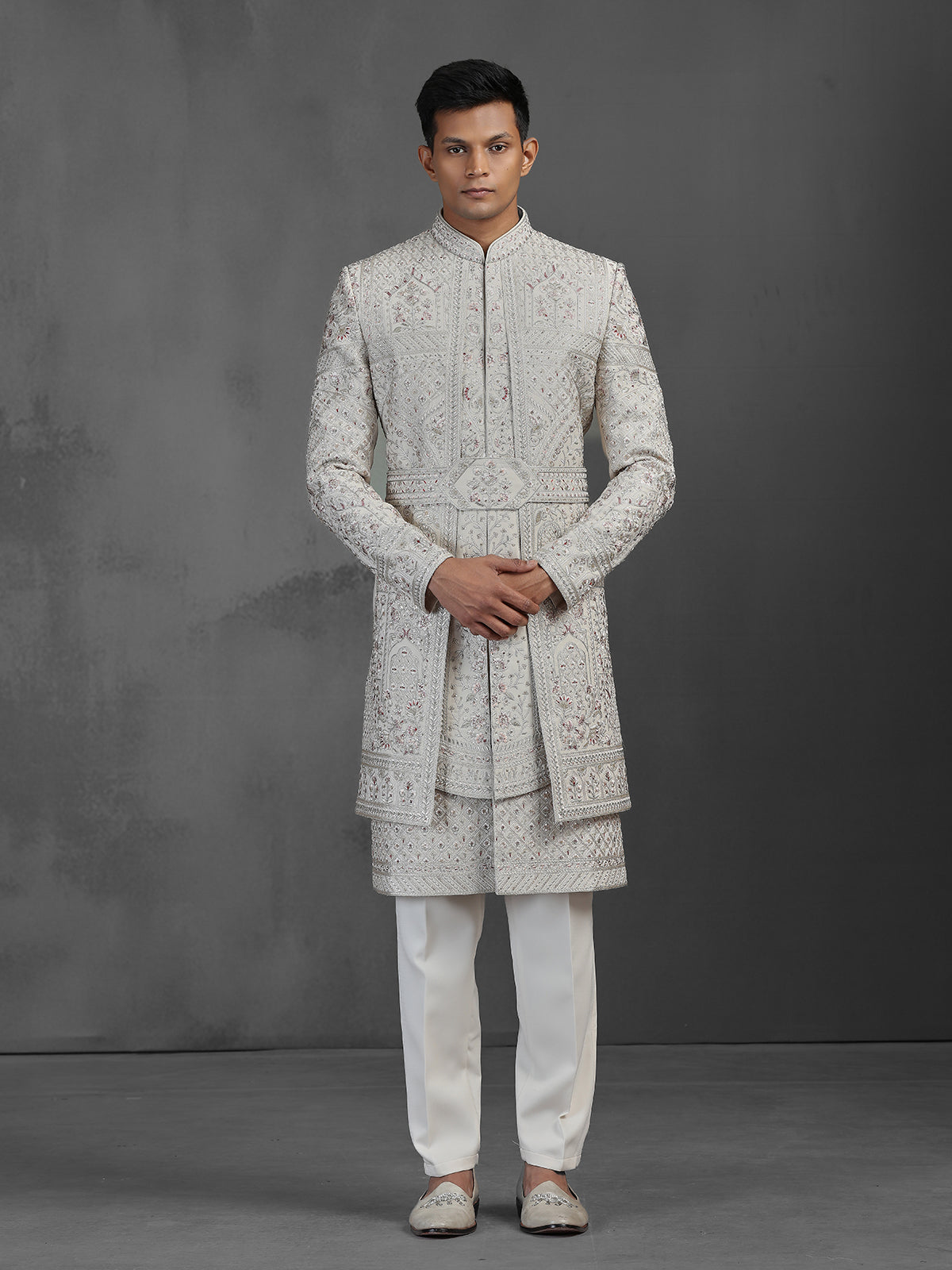 Cream silk groom sherwani with waist belt