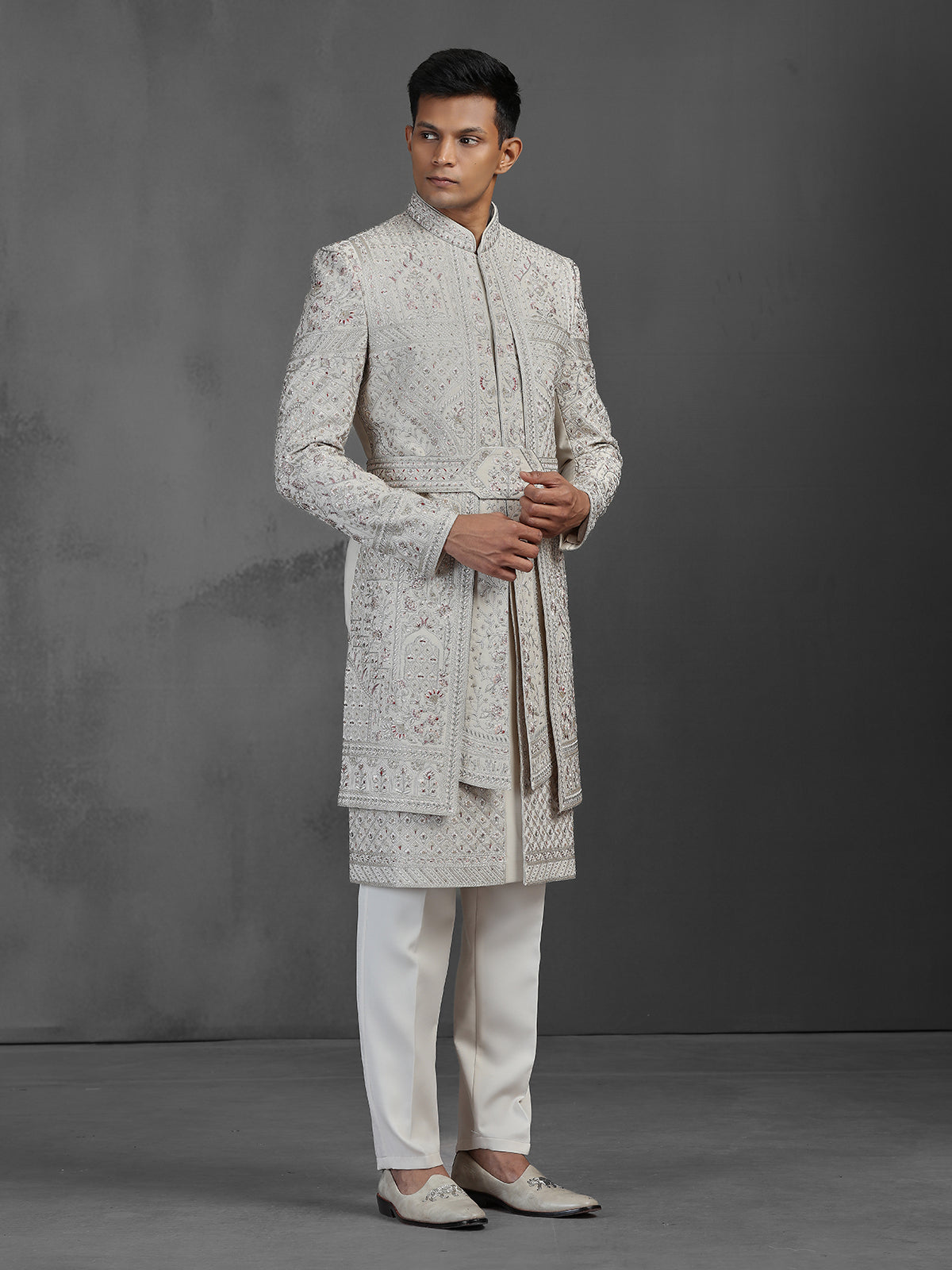 Cream silk groom sherwani with waist belt