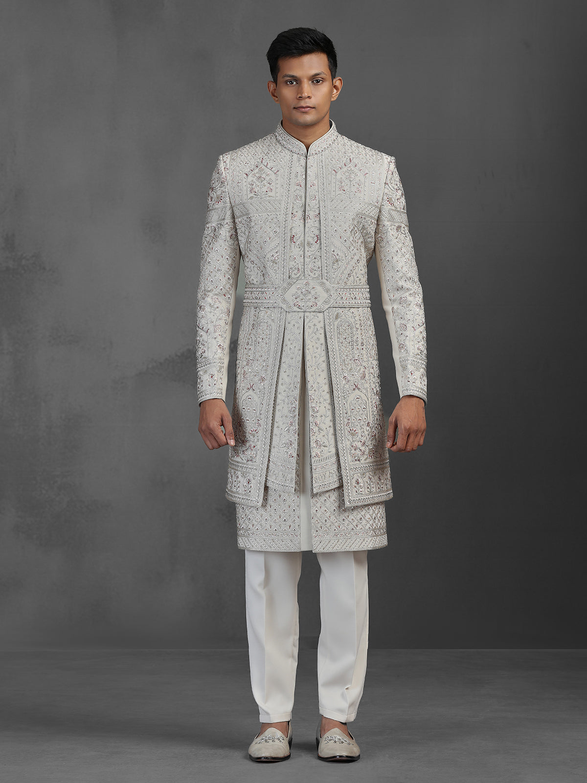 Cream silk groom sherwani with waist belt