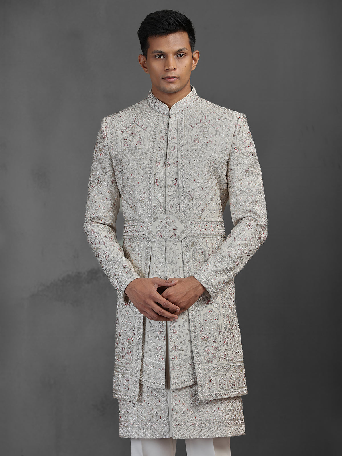 Cream silk groom sherwani with waist belt