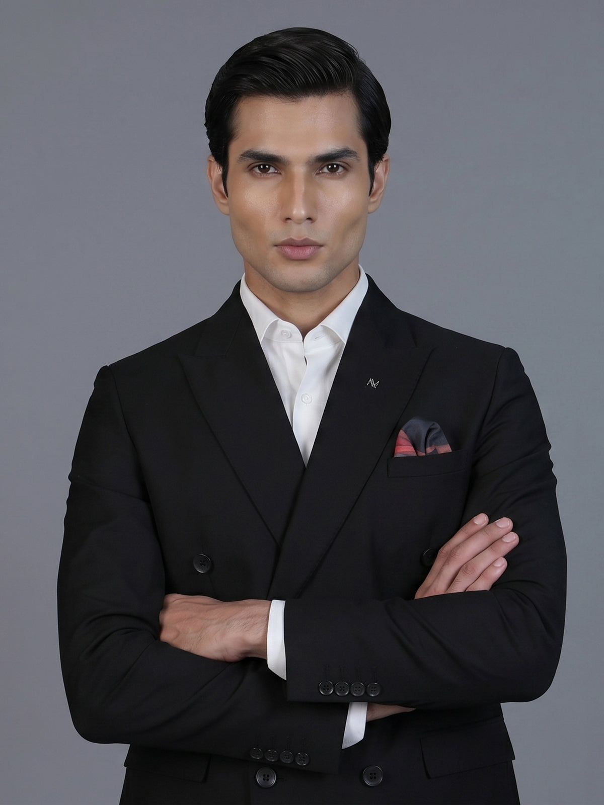 Classic black formal double breasted suit with bold peak lapel