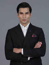 Classic black formal double breasted suit with bold peak lapel