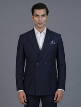 Elegant navy blue formal double breasted suit with peak lapel