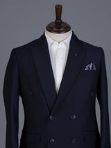 Elegant navy blue formal double breasted suit with peak lapel