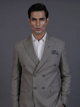 Taupe designer double breasted suit with textured birdseye peak lapel
