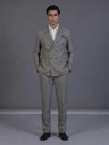 Taupe designer double breasted suit with textured birdseye peak lapel