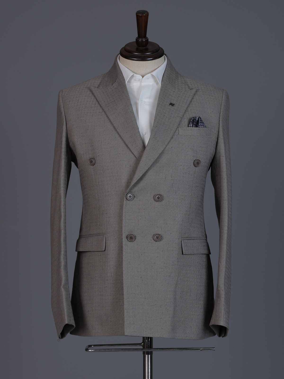 Taupe designer double breasted suit with textured birdseye peak lapel