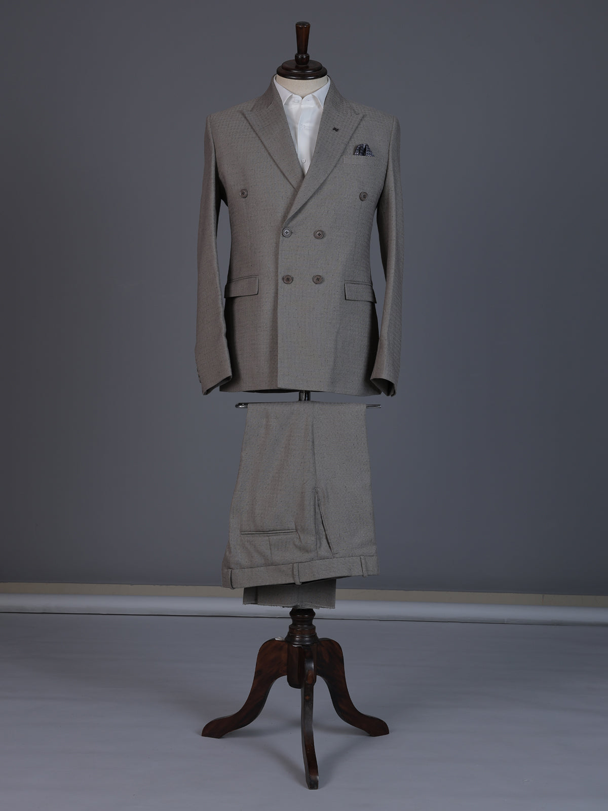 Taupe designer double breasted suit with textured birdseye peak lapel