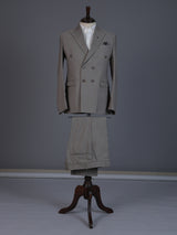 Taupe designer double breasted suit with textured birdseye peak lapel