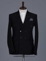 Black pinstripe formal double breasted suit with wide peak lapel