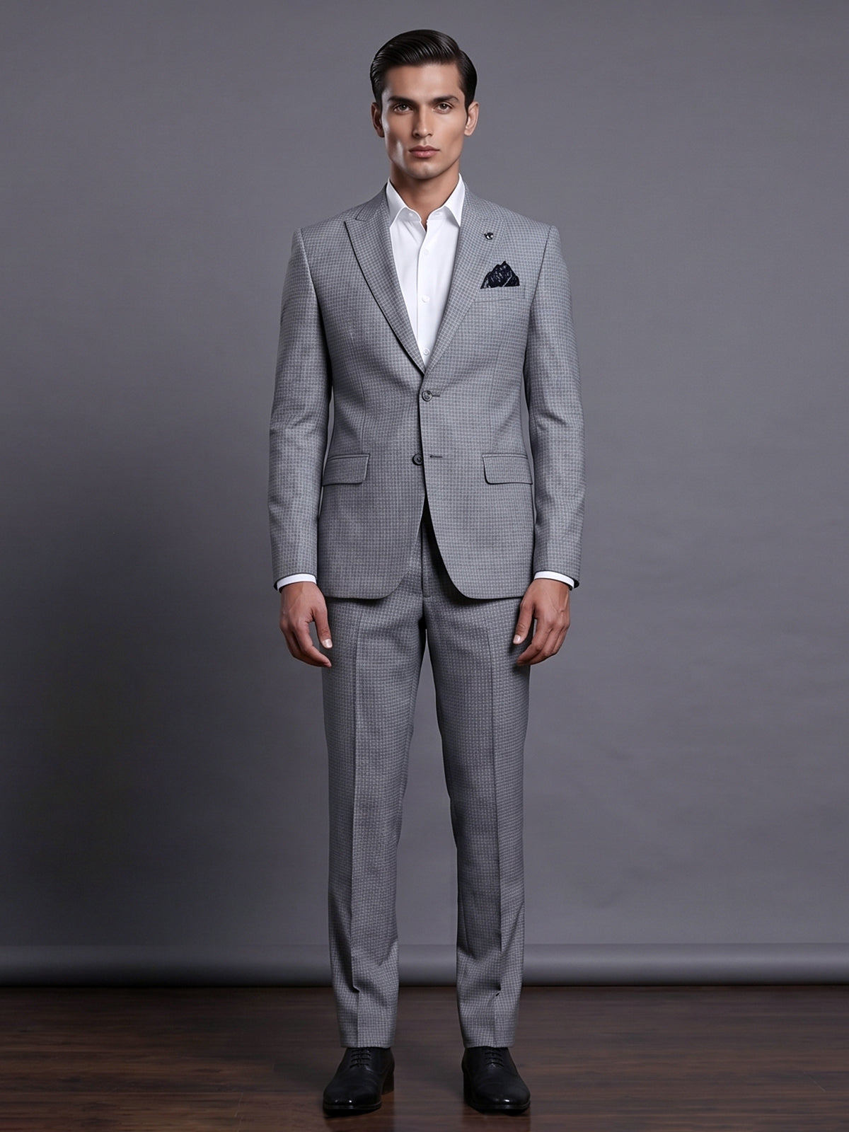 Grey designer coat suit with micro pattern notch lapel