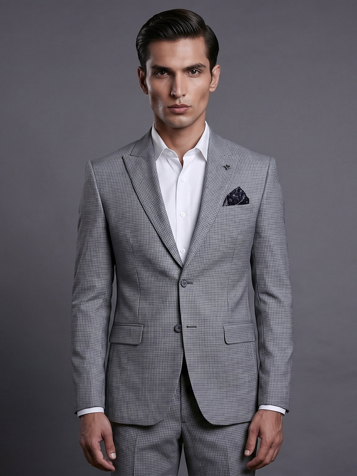 Grey designer coat suit with micro pattern notch lapel