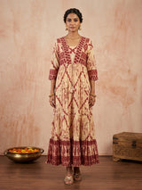 Cream and maroon cotton silk printed long kurti