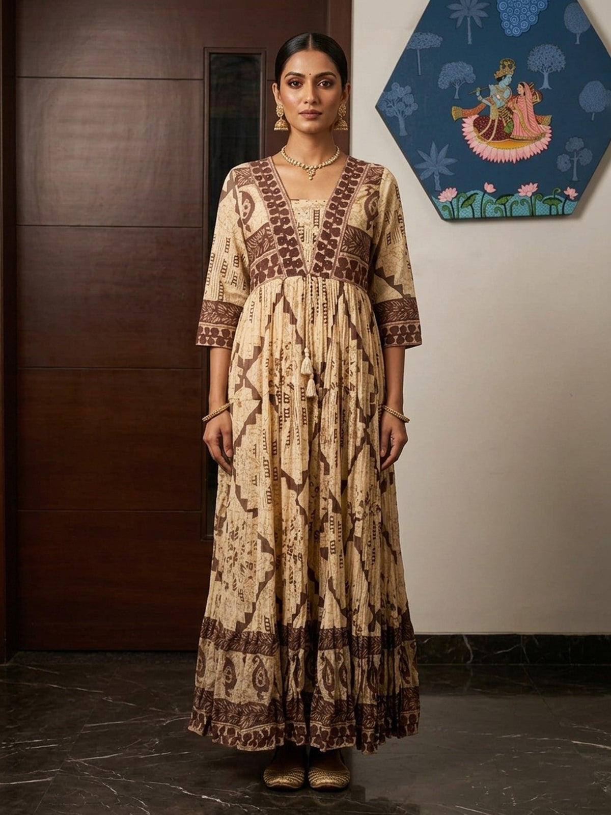 Cream and coffee cotton silk printed long kurti