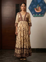 Cream and coffee cotton silk printed long kurti